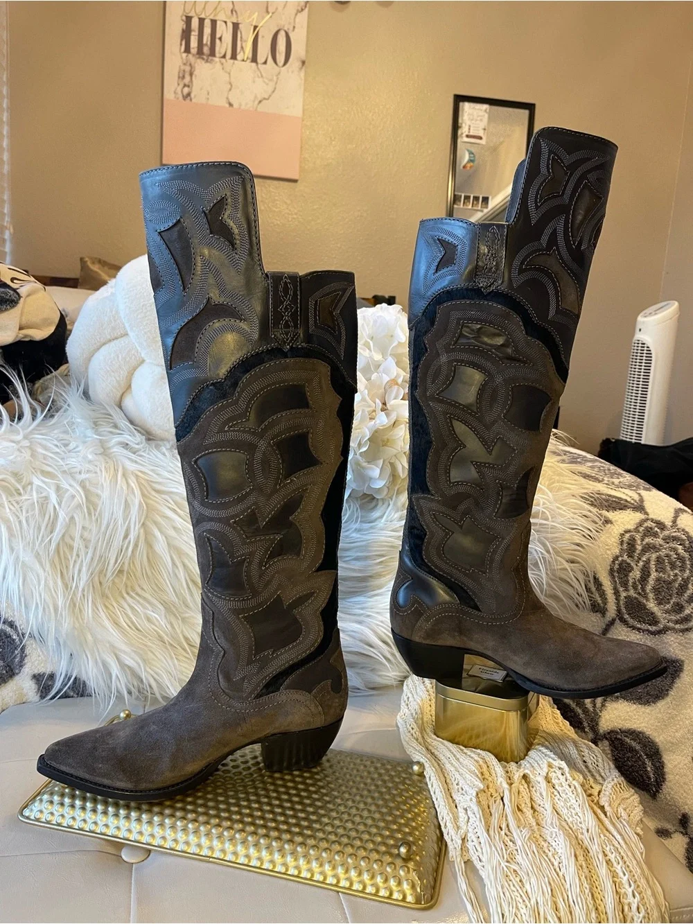 Frye Shane Embroidered Cuff western boots over-the-knee in Charcoal Gray Brown
